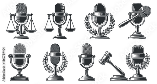 A collection of various microphones with legal and award themes in black and white outline vector style, suitable for media and legal branding
