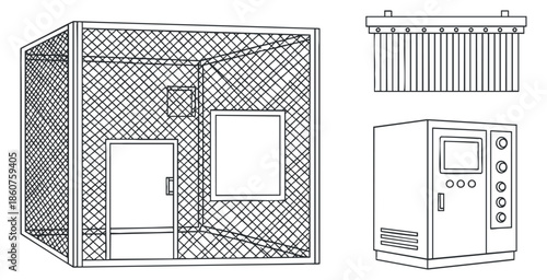 A detailed outline illustration of a secure enclosure with a door and control panel in minimalist vector style, suitable for architectural design projects