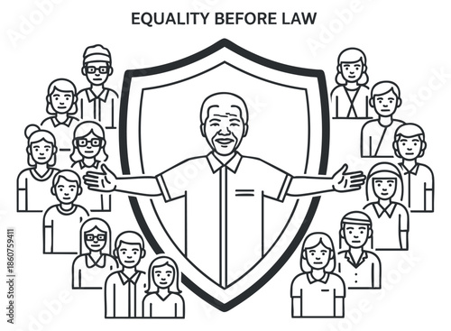 A representation of equality before law featuring diverse individuals standing together with a protective shield in outline vector style, suitable for legal and advocacy projects