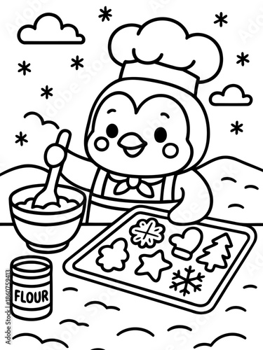 Penguin Chef's Winter Baking: A cheerful penguin chef, donning a chef's hat, skillfully bakes festive cookies amidst a snowy winter scene, crafting delicious treats for the holiday season.