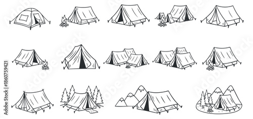 A collection of various camping tents and scenes in minimalist black and white vector style, ideal for outdoor adventure themes
