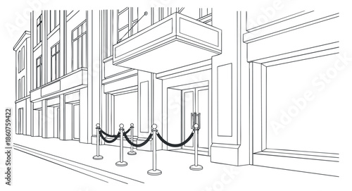 A detailed line art illustration of a building entrance with a queue barrier and ropes in minimalist vector style, ideal for event planning and architecture design