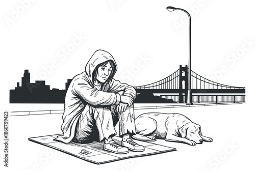 A homeless person sitting on a mat next to a dog in a black and white outline vector style, ideal for social awareness campaigns
