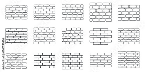 A collection of various brick wall patterns in clean outline vector style, ideal for architectural designs and backgrounds