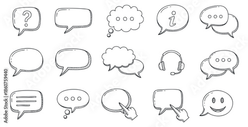 A collection of speech bubbles, question marks, and icons in outline vector style, suitable for communication and social media design