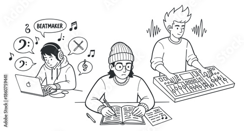 A group of artists engaged in music production, featuring a beatmaker, a musician, and a sound producer, in minimalist vector style, suitable for creative projects and music-related themes