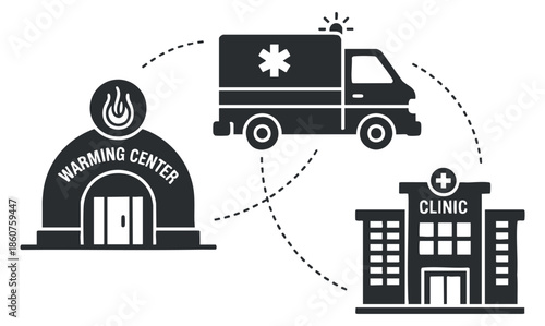 A warming center, ambulance, and clinic in black and white vector style, suitable for health and community service designs