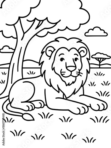 Lion in the Savannah: An illustrated lion rests peacefully under a tree, a symbol of majesty and the wild, set in the heart of the savannah, amidst the simplicity of nature.