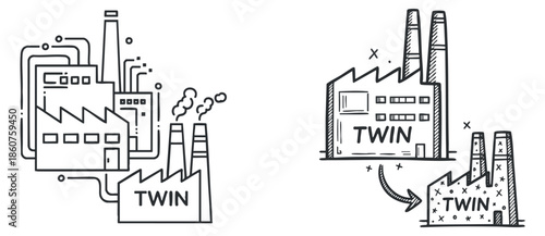 A pair of twin factories with smokestacks and pipes in minimalist outline vector style, suitable for industrial design and branding