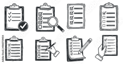 A collection of clipboards with checklists, tick marks, and hands holding a pen and magnifying glass in black and white outline vector style, ideal for business and organization purposes