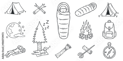 A collection of camping icons including tents, sleeping bags, campfires, and outdoor gear in a minimalist black and white vector style, ideal for travel and adventure themes