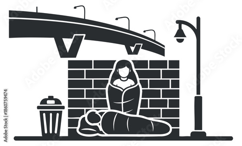 A depiction of homelessness with a person in a sleeping bag under a bridge in black and white vector style, suitable for social awareness campaigns