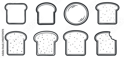 A collection of various bread shapes including sliced loaf and round bread in clean black and white outline vector style, perfect for food packaging and branding