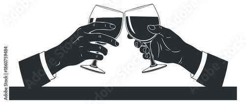 A pair of hands clinking glasses in black and white minimalist vector style, perfect for celebration and event designs