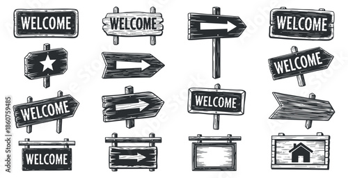 A collection of vintage welcome signs and directional arrows in black and white hand-drawn vector style, ideal for home decor and signage