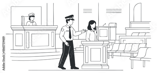 A courtroom scene with a police officer, witness, and judge in a minimalist black and white vector style, suitable for legal presentations.