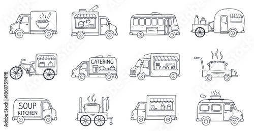 A collection of food trucks, catering vehicles, and mobile kitchens in outline vector style, suitable for food service branding and designs