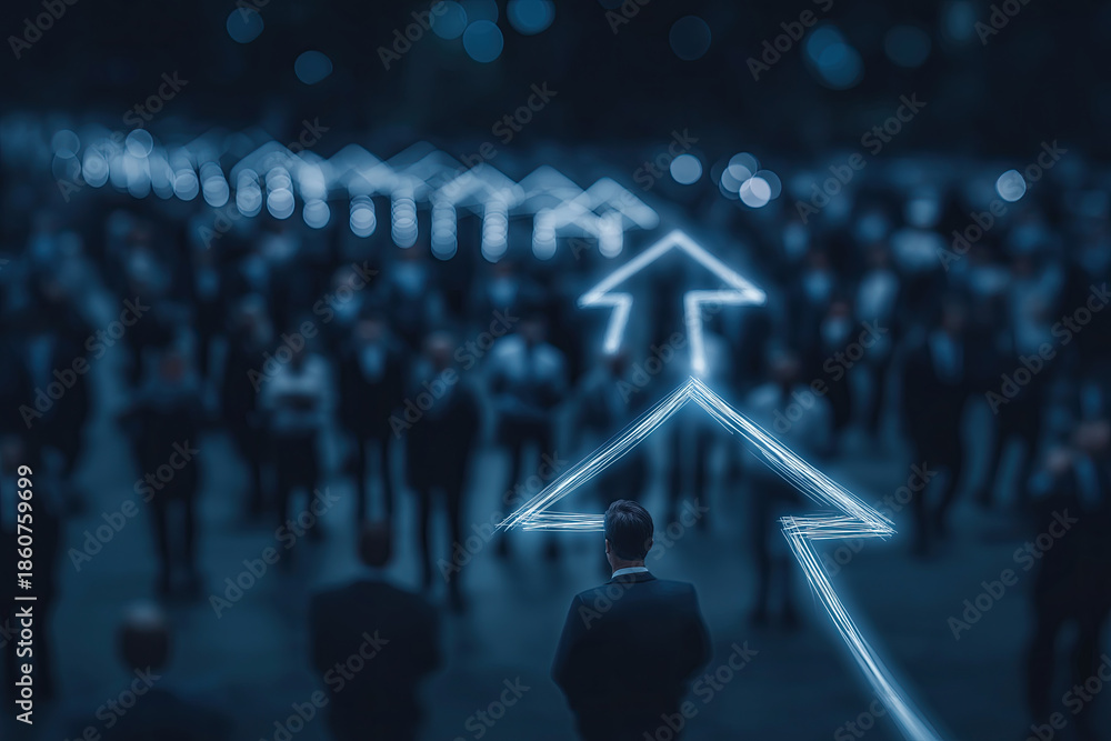 Naklejka premium blurred Illuminated figure leads advancing crowd through transformative digital networking landscape ahead.