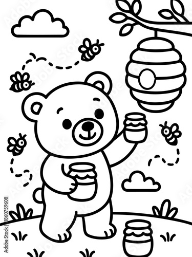 Playful Bear and Honey: A cheerful bear cub joyfully holds pots of sweet honey, surrounded by buzzing bees and a cozy hive in a whimsical illustration.