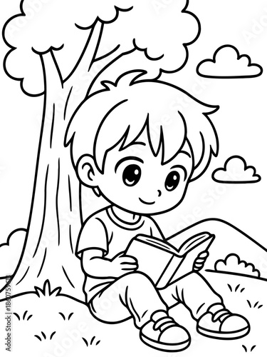 Quiet Moments: A young boy, immersed in the world of reading, finds solace and escape beneath the shade of a wise old tree, inviting curiosity and the charm of imagination.