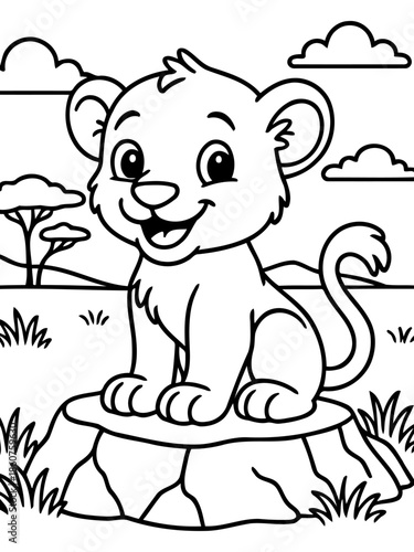 Cute Lion Cub: Adorable lion cub sits proudly on a rock, set against the backdrop of an African savanna, exuding a sense of playful confidence.