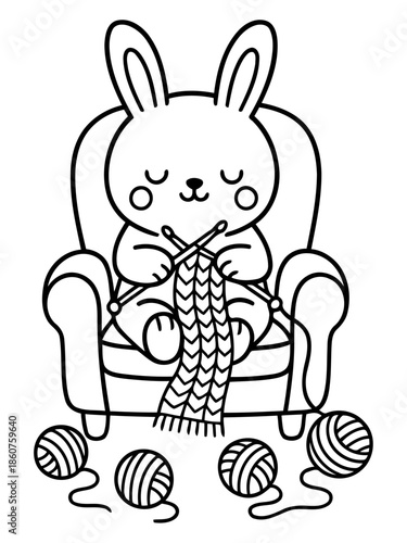 Rabbit Knitting Yarn: An endearing rabbit, absorbed in the art of knitting, sits comfortably amidst balls of yarn and needles, showcasing the charm of creative hobbies.