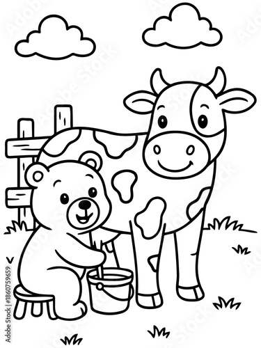 Milking Time: A charming illustration shows a bear milking a cow, creating a whimsical and heartwarming scene. 