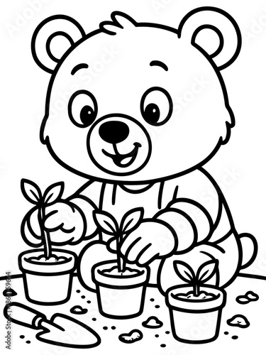 Bear's budding bloom: A cheerful illustration showcases a smiling bear tending to his garden, planting seeds into flowerpots.