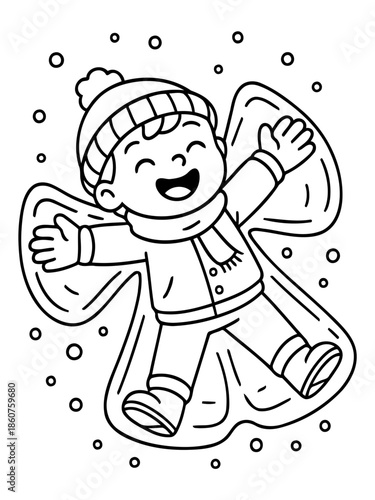Winter Joy: A cheerful child is making a snow angel in a flurry of snowflakes, capturing the magic of winter. 