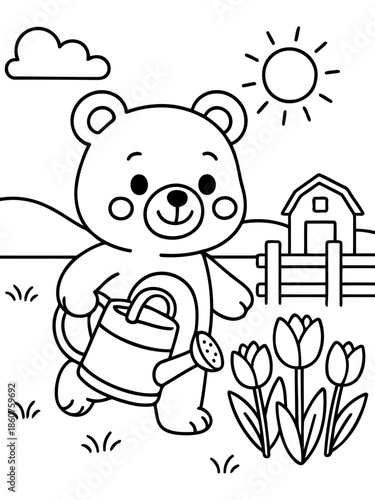 Nurturing Blooms: A charming cartoon bear, armed with a watering can, tends to vibrant flowers in a picturesque garden scene, capturing the essence of care and growth.