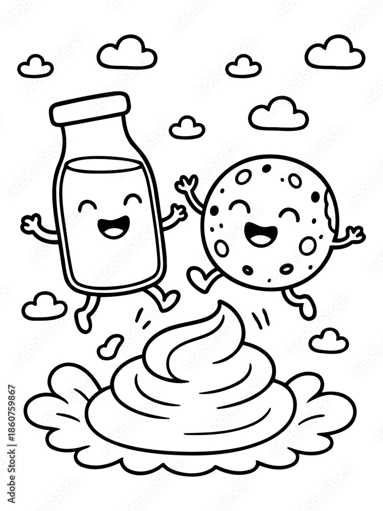 Fototapeta Joyful Dairy Duo: A whimsical illustration captures a milk bottle and a cookie, joyfully leaping into whipped cream under a playful sky with fluffy clouds.