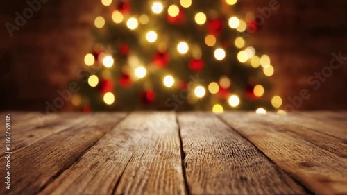 Empty Rustic Wood Table with Blurred Christmas Tree and Lights Background for Festive Product Display