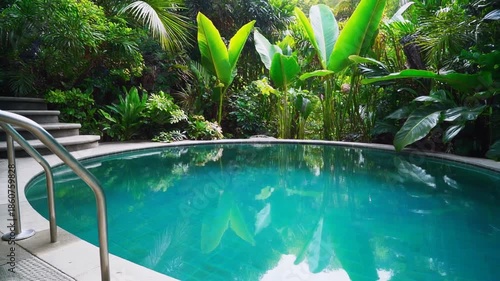 Tranquil tropical oasis with a crystal clear swimming pool surrounded by lush green foliage and vibrant plants