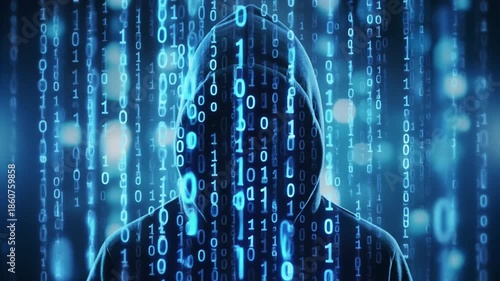 Anonymous hacker in a hoodie surrounded by falling binary code, representing cybercrime and digital security threats