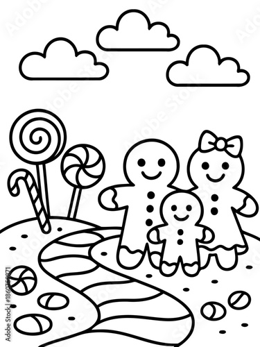 Gingerbread Family in a Whimsical World: A joyful gingerbread family stands proudly, surrounded by candy canes, lollipops, and a whimsical path, against a backdrop of fluffy clouds.