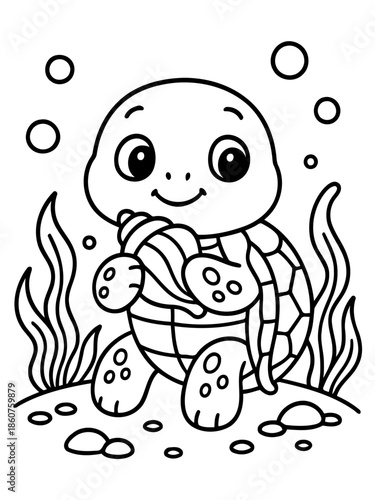 Happy Turtle Undersea: A cute, smiling turtle joyfully clutches a seashell amidst vibrant seaweed and effervescent bubbles, inviting children to color and explore the depths of the ocean.
