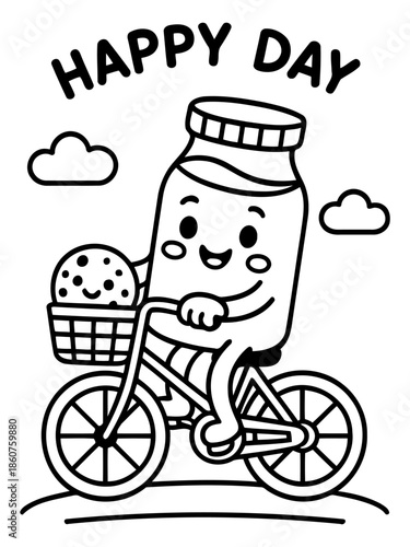 Joyful Milk Bottle on Bicycle: A cheerful milk bottle mascot pedals a bicycle on a sunny day, carrying a scoop of ice cream. A heartwarming illustration representing happiness and delightful treats.