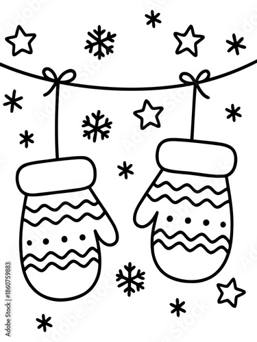 Winter Mittens: Cozy mittens and snowflake are hanging on a string, evoking warmth and the crispness of a winter's day, creating a scene of peaceful winter charm.