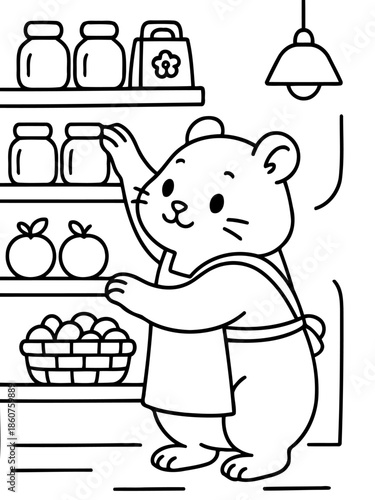 Chef Hamster at the Grocery Store: A cheerful cartoon hamster, donned in a chef's apron, selects fresh ingredients from a grocery store shelf, ready to prepare a delicious meal.