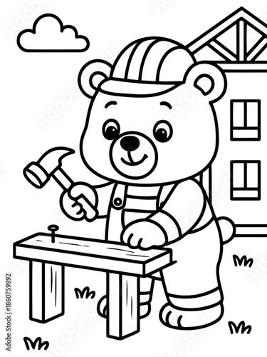 Building Bear's Day: A bear wearing a hard hat, focused on carpentry work, uses a hammer to fix a nail onto a wooden plank. A cheerful moment from construction with a sweet bear.