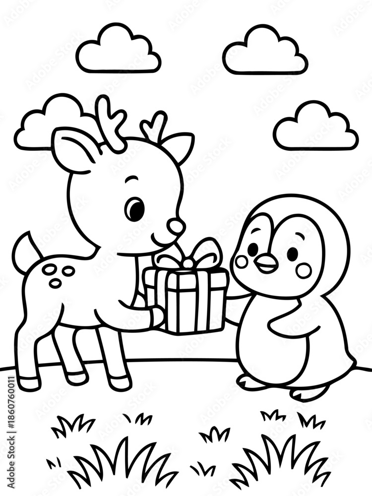 Obraz premium Gift of Friendship: A charming scene unfolds as a delightful reindeer extends a wrapped gift to an equally adorable penguin, symbolizing the pure joy of friendship.