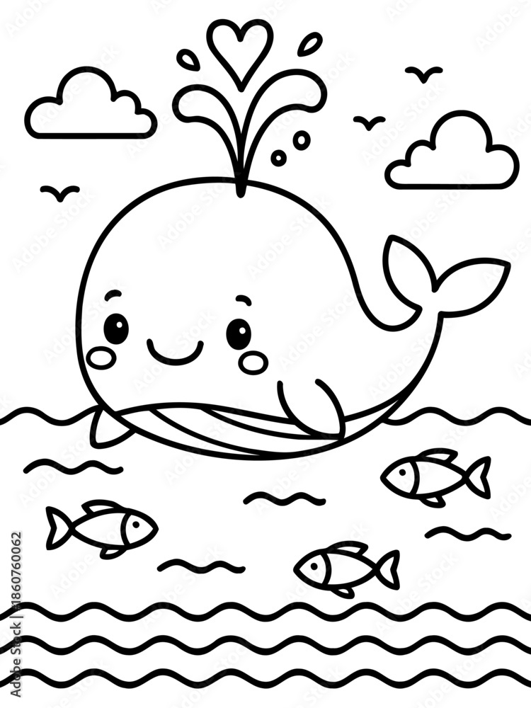 Fototapeta premium Ocean Delight: A charming, outlined illustration features a delightful whale, with heart-shaped spray, friendly fish swimming, and a whimsical ocean backdrop.