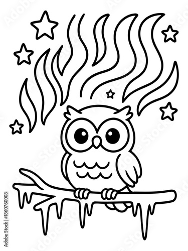 Whimsical Owl and Northern Lights: An enchanting owl perched on a frosty branch gazes at the mesmerizing dance of the Northern Lights and stars, conjuring a sense of wonder and magic.