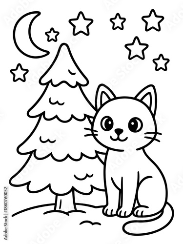 Midnight Cat's Dream: A charming cartoon cat sits serenely beneath a twinkling night sky, with a crescent moon and stars, and a stylized tree as the backdrop.