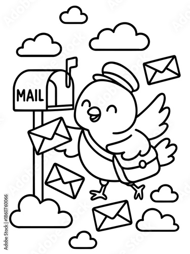 Friendly Avian Messenger: A cheerful cartoon bird, dressed as a mail carrier, happily delivers letters, creating a sense of joy and anticipation.