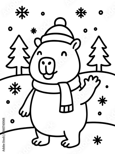 Cute Winter Character's Adventure: A cheerful bear, bundled in a scarf and hat, waves hello amidst a serene winter landscape dotted with falling snowflakes and evergreen trees.