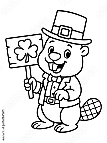 Lucky Beaver on St. Patrick's Day: A cheerful beaver celebrates Saint Patrick's Day with a shamrock and a top hat, embodies luck.