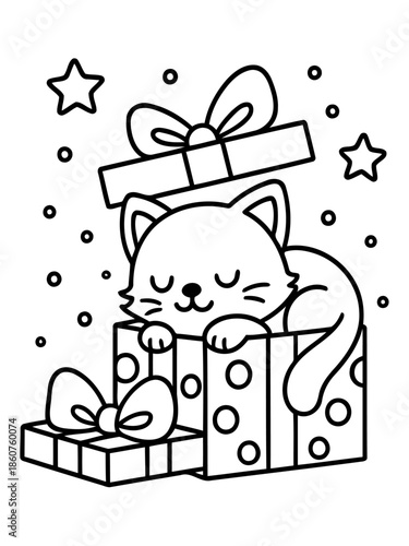 Gifted Kitten: A cheerful kitten pops out of a present box, adorned with a bow, a delightful illustration, surrounded by stars and festive dots.