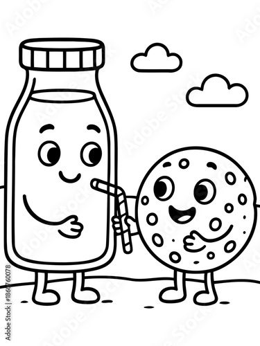 Delightful Duo: A charming cartoon featuring a cheerful milk bottle and a playful cookie, set against a simple backdrop, illustrating friendship and tasty treat