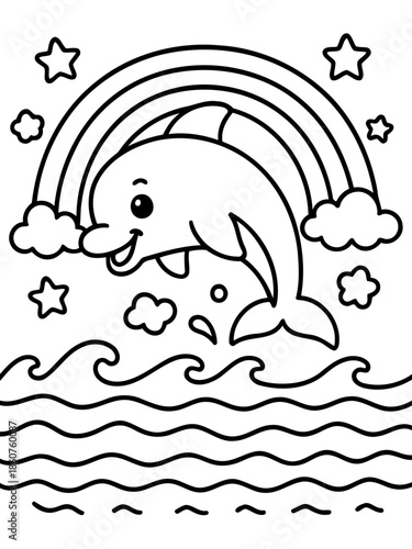 Joyful Dolphin's Leap Beneath the Rainbow: An illustration of a playful dolphin arches gracefully through the air, framed by a vibrant rainbow, sparkling stars and fluffy clouds.